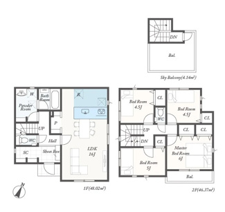 【間取り】 | 大和市上草柳6丁目  4号棟 第2 | 都市ガス　屋上バルコニー+バルコニー　シャッター6箇所付　Ｗロック電気錠　宅配BOX付機能門柱　食洗機　浴室乾燥機　各部屋収納