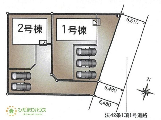 【区画図】 | 常総市山口第2　新築戸建　2号棟 | 前面道路幅6ｍ以上☆車の出入りもラクラクできちゃいます(^^♪
（2号棟）