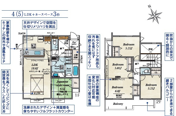 【ブルーミングガーデン】下野市川中子 全2邸の間取り|〇1号棟　間取り図〇
【4（5）LDK+カースペース3台】