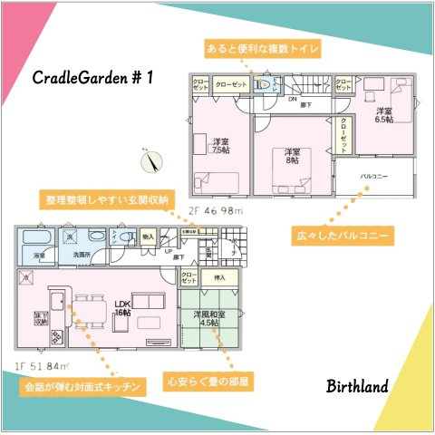 新築戸建・建売　千代田町赤岩第3　Cradle Garden　全2棟の間取り|ホール、洗面所、キッチン、リビングを回遊できる家事がしやすい間取り♪