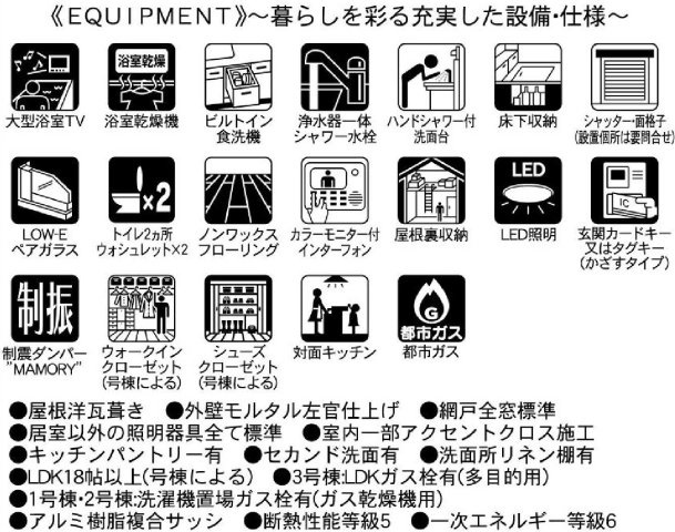 【宮沢2丁目】デザイン性の高い新築戸建｜16帖以上LDK×南向きで陽当たり良好｜パントリー・小屋裏収納付の構造・工法・仕様