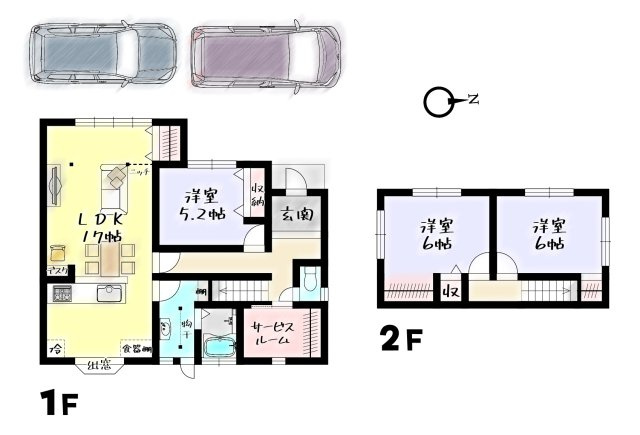 【リフォーム × 中古戸建て】北九州市門司区吉志6丁目の間取り|約3帖のサービスルーム♪駐車は2台、小型車なら3台可能♪