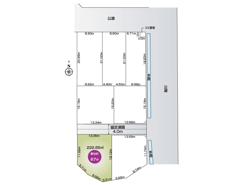 行田市大字持田６号地　土地面積 222.65㎡（約67.35坪）　※敷地内に電柱および支線新設予定