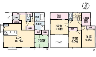 【間取り】 | 佐伯区観音台3丁目【69坪】東棟 | 南向きの間どりプラン☆16.7帖リビング☆2階3室☆ファミリータイプ4LDK☆
WIC・小屋根裏収納・土間収納など収納充実プラン☆南向きベランダ☆
