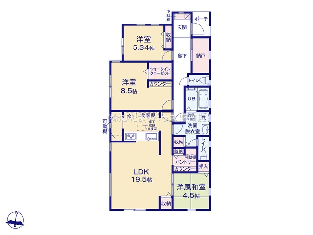 野田市中野台4期　新築戸建　3号棟の間取り|3号棟：3SLDK+WIC　（平屋住宅）