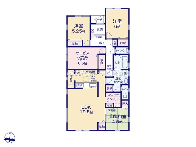 野田市中野台4期　新築戸建　4号棟の間取り|4号棟：3SLDK（平屋住宅）