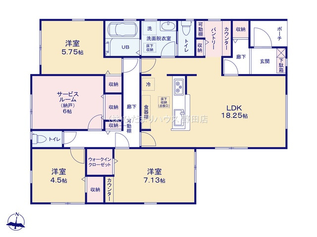 野田市中野台4期　新築戸建　5号棟の間取り|5号棟：3SLDK+WIC　（平屋住宅）