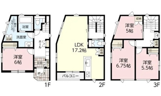 【間取り】 | 安佐南区緑井7（七軒茶屋駅）全3区画　NO1 | 17.2帖リビング☆3階3室☆ファミリータイプ4LDK☆各居室に収納☆都市型3階建て☆