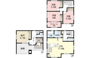 【間取り】 | 安佐南区東野2（安東駅）NO1 | 17.4帖リビング☆3階3室☆ファミリータイプ3LDK☆2階リビング☆都市型3階建て☆各居室にクローゼット☆サンルーム