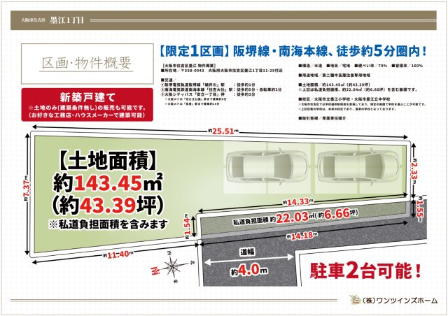 【区画図】 | 大阪市住吉区墨江　新築戸建て♪ | 【区画図】
前面道路、約4メートル♪
希少な約143.45㎡の広々とした土地！！
駐車2台も可能な参考間取りプランもございます♪