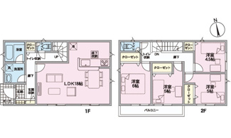 【間取り】 | 安芸郡熊野町城之堀1丁目　全5区画　NO9 | 南向きの18帖リビング☆2階4室☆ファミリータイプ4LDK☆各居室に収納☆南向きの間取りプラン