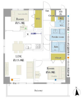【間取り】 | ライオンズマンション西公園第六 | お二人り暮らしにぴったりの2LDK＋収納充実◎5.2帖のお部屋にはエアコンもついています！