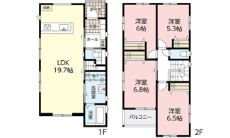 【間取り】 | 佐伯区薬師が丘1丁目　全２区画　9B-2 | リビングひろびろ19.7帖☆2階4室☆ファミリータイプ4LDK☆