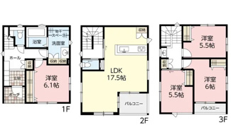 【間取り】 | 佐伯区八幡東2丁目　全3区画　NO3 | リビング17.5帖☆洋室4室☆ファミリータイプ4LDK☆2階リビング☆都市型3階建て☆各居室に収納☆室内物干しスペース