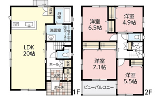 【間取り】 | 佐伯区観音台1丁目　NO2 | 20帖リビング☆2階4室☆ファミリータイプ4LDK☆各居室に収納☆