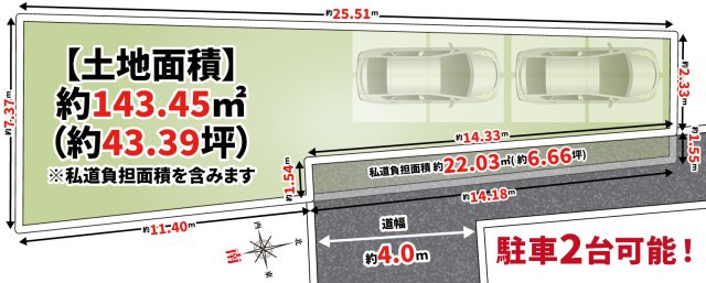 【土地図】 | 大阪市住吉区墨江　現状更地　建築条件無し売り土地 | 【区画図】
前面道路、約4メートル♪
希少な約143.45㎡の広々とした土地！！
駐車2台も可能な参考間取りプランもございます♪