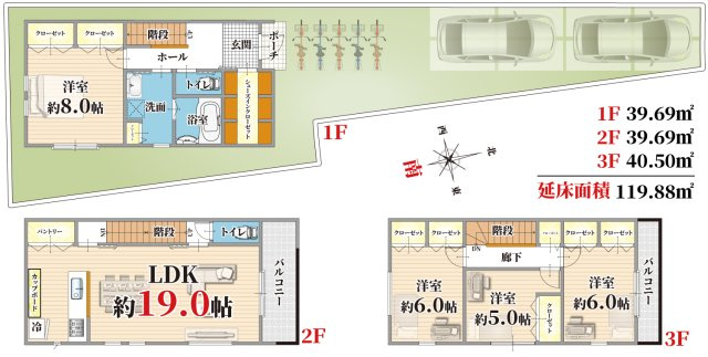 【土地図＋建物プラン例】 | 大阪市住吉区墨江　現状更地　建築条件無し売り土地 | 【間取り図】3階建て住宅、駐車２台付き！
シューズインクローゼット・ウォークインクローゼット付き！全居室収納付きで余計な収納家具を置かなくて広々スッキリ♪