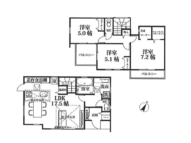 【間取り】 | ふじみ野市桜ヶ丘3丁目　新築一戸建住宅　全1棟　(ふじみ野店) | 随所に収納を備えた3LDKの間取り。
在宅ワークや読書に便利な書斎コーナーもございます。