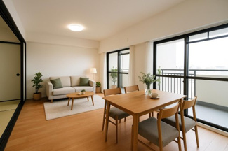 【居間・リビング】 | 【上質リフォーム】ファミール江波公園リバーサイド参番館 | 【約16.4帖LDK】
リフォームされた新しいリビングは、無駄のないシンプルさ。 
家具や時間の積み重ねが美しく映える、 
今からそこに家族の物語を描いていける
“白紙のキャンバス”のような場所です。