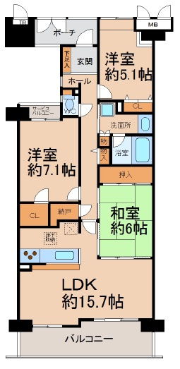 ランディア桃花台3番館の間取り|南向きLDK15.7帖＋和室6帖の続き間で広々空間。