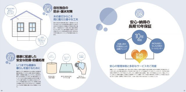 【構造・工法・仕様】 | 【新築分譲住宅　～クレイドルガーデン～】 山形市江南　第23　☆全2棟☆ | 自社独自の防水対策。健康に配慮した、安全な防腐・防蟻処理。安心・納得の長期10年保証