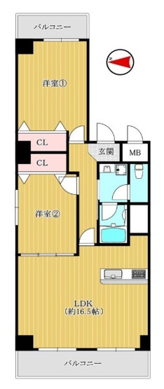 【間取り】 | シャルム小阪壱番館 | 【全洋室2LDK＋両面バルコニー☆】室内水廻り設備一新！建具新調、全面リフォーム済み☆食洗機＆浄水器・浴室乾燥機完備です☆