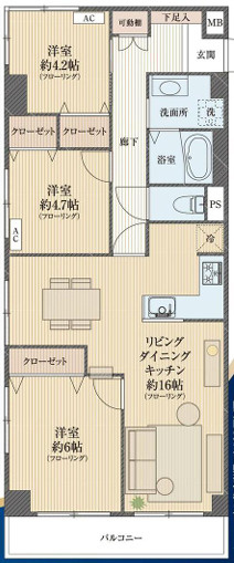 エンゼルハイム浦和花月の間取り|南西向きバルコニーで日当たり良好◎キッチンからは約16帖のリビング全体を見渡すことができ、ご家族との大切な時間を過ごせます。大切なペットと一緒に暮らせるマンションです！