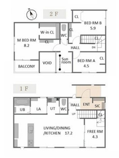 【間取り】 | 甲府市東光寺3丁目 ZEH水準オール電化新築戸建 B号棟 | 106.40ｍ2　４LDK　オール電化　2階サンルームあり