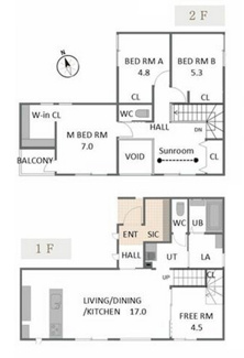 【間取り】 | 甲府市東光寺3丁目 ZEH水準オール電化新築 A棟 車並列2台 | 108.27ｍ2　４LDK　オール電化　2階サンルームあり