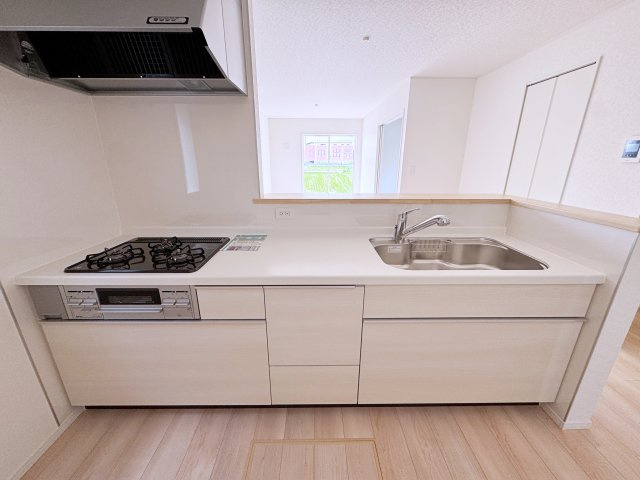 新築戸建・建売　郡山市御前南五丁目　耐震＋制震　朝日が丘小・郡山七中のキッチン|魚焼きグリルもついているので同時調理可能！点検口を兼ねた床下収納付き！