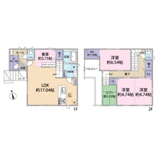 【間取り】 | 松戸市八ヶ崎　モデルハウス使用中古戸建 | 間取りは２LDK＋書斎＋２階に小上がりのロフト＋シューズインクローゼット＋ウォークインクローゼットにウッドデッキが付いています。