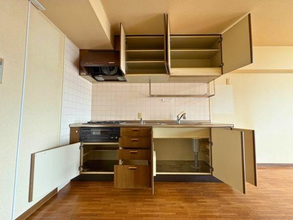 エメラルドマンション古国府のキッチン|シンク下と吊戸棚で収納力があります。嬉しい収納力！