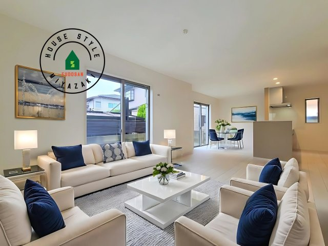 宮崎市花ヶ島町2681番-3棟（B号棟）の内観：施工例|明るく開放的なリビングダイニングは豊かな陽光が注ぎ込み、やすらぎの空間を演出してくれます。ご家族で楽しいひとときをお過ごし下さい。※家具はCGを合成したものです。同社仕様