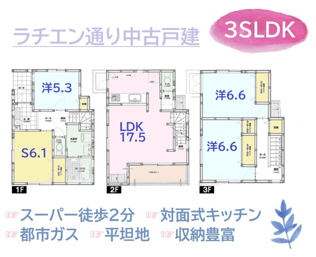 【間取り】 | 6.1帖の納戸があるので、大きな荷物もたっぷり収納できますよ！　　
スーパーまで徒歩２分とお買い物にも便利な立地です♪
