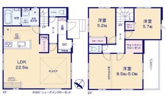 【間取り】 | 廿日市市前空3（前空駅）全2区画　NO2 | 22.5帖リビング☆2階3室☆ファミリータイプ3LDK☆スタディカウンター☆パントリー☆シューズインクローゼット・クローゼット☆ウォークインクローゼットあり☆収納充実プラン☆