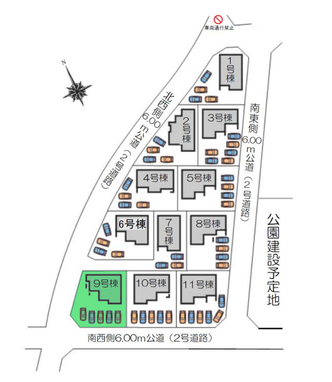 【区画図】 | フォーセール前橋市富士見町第3時沢ー⑨ | 全棟防犯カメラ2ヵ所設置！
全区画敷地面積60坪以上！
開放的な南西向き角地に面した敷地！