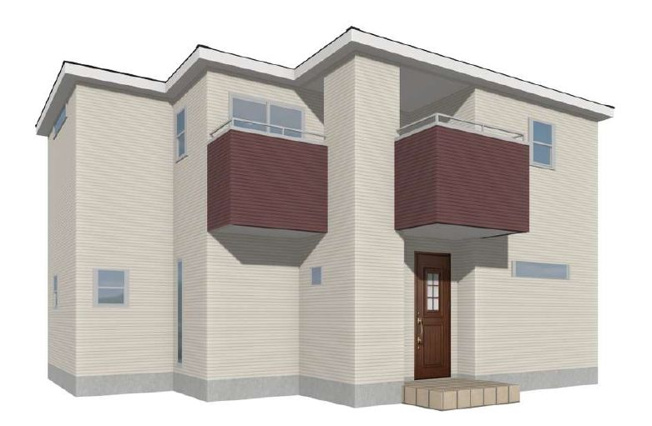 【外観パース】 | フォーセール前橋市富士見町第3時沢ー② | （完成予想図）
全棟IOT住宅仕様です！全棟防犯カメラ2ヵ所設置！
時沢小学校まで徒歩5分！