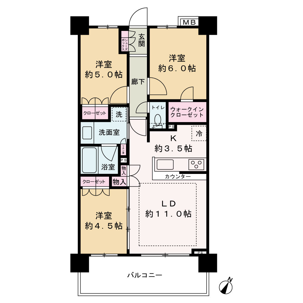 アンビシャス上尾の間取り|田の字型プランで使いやすい間取です。