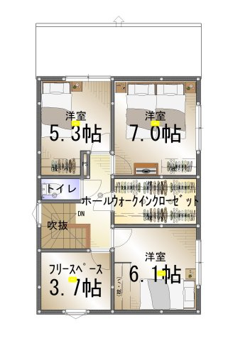 米原7丁目B号地建売住宅の間取り|二階はフリースペースも完備。
収納力あるウォークインクローゼットもございます。