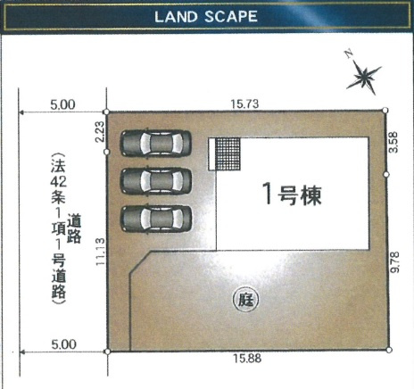 米子市彦名町新築分譲住宅の区画図|駐車三台程度可能〇
庭付きになっております。