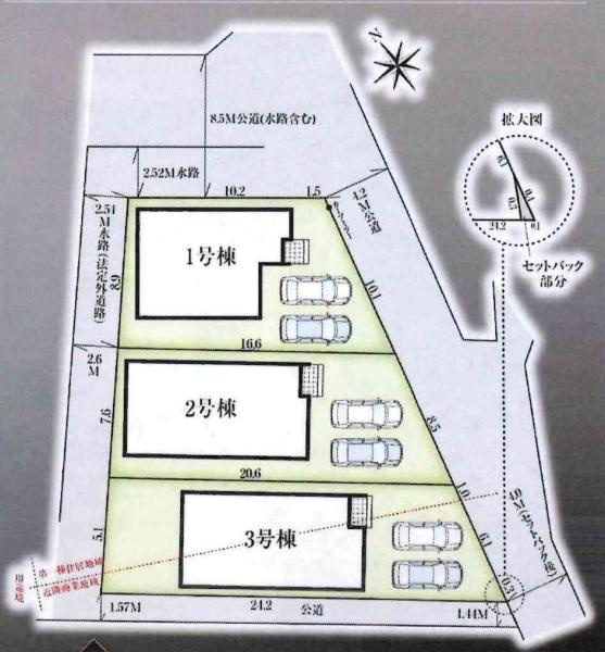 岡崎市矢作町　全3棟・2号棟の区画図|2号棟です。