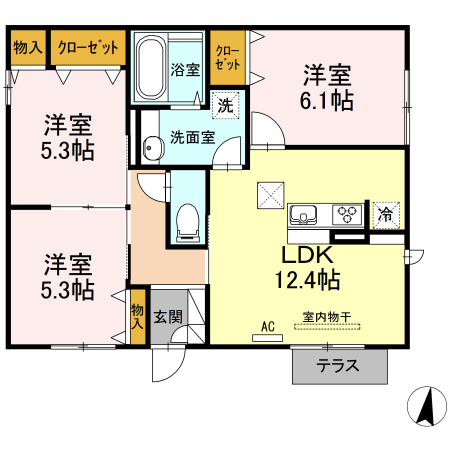 平屋貸家　Ｂ棟１の間取り