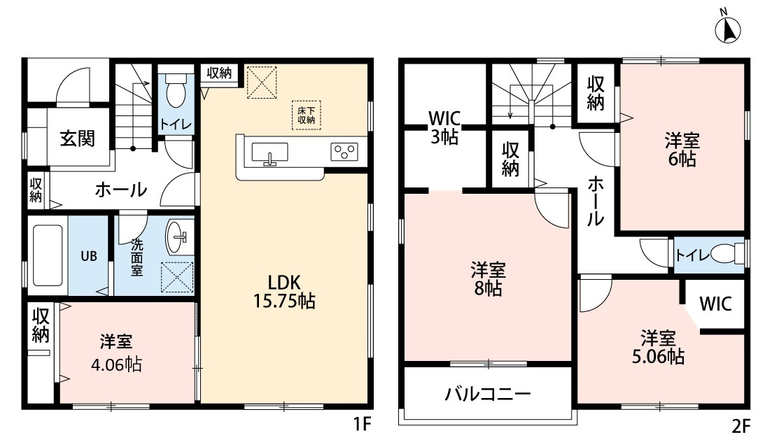 小牧市小木３丁目　新築戸建　２号棟の間取り|収納豊富なウォークインクローゼット2ヶ所あり