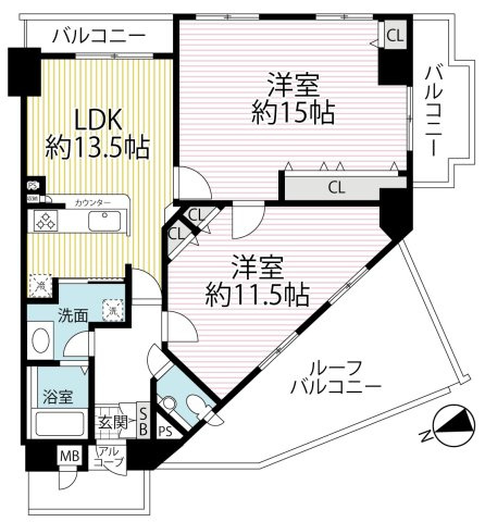 広々ルーフバルコニー付角住戸◆床暖房あり◆地下鉄東西線「椥辻」駅徒歩３分◆イーグルコート椥辻十条の間取り|間取り