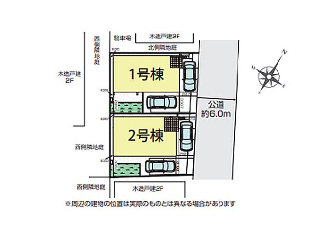 【区画図】 | 川越市砂新田1丁目　新築一戸建住宅　全2棟　(ふじみ野店) | 前面道路は約6.0mと開放的な為、ゆったりと駐車ができます。
カースペースには駐車2台可能です！