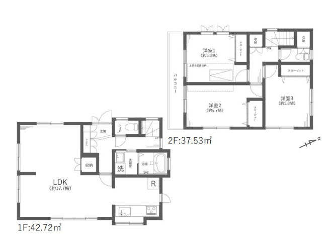 【間取り】 | 西東京市南町1丁目　中古一戸建住宅　(保谷店) | 全居室2面採光につき採光・通風良好な3LDKの住まい。
小屋裏収納や各居室の収納で物もスッキリと片付きやすいです。