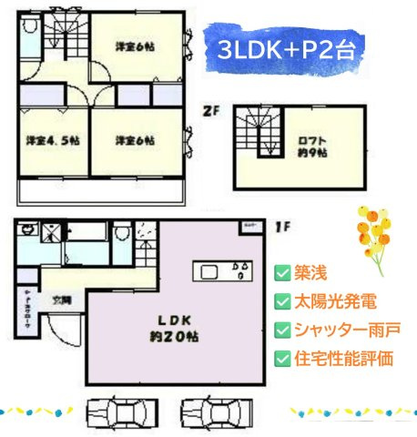 平塚市片岡　中古戸建　34.4坪の間取り|陽当たり良好＆太陽光発電システム搭載で電気代節約にも繋がりますね◎
玄関にはＳＩＣがあり、たっぷり収納できますよ♪