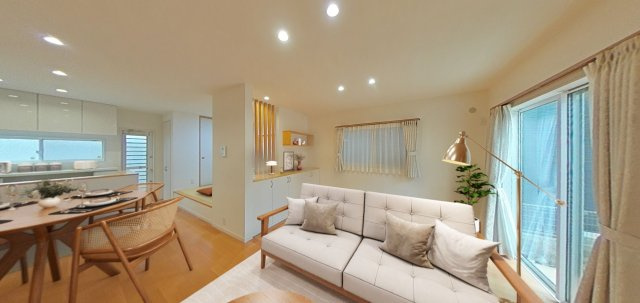 加古川市別府町新野辺の居間・リビング|【LDK/約21.5帖】
CGで作成した家具入りイメージ画像です。ゆとりある広さで、大き目の家具も設置可能です。※イメージ画像のため実際とは異なる場合がございます。