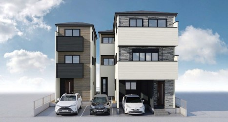 新築戸建　1号棟（川崎区大島5丁目）の外観パース|新築戸建　全3号棟　1号棟　JR「川崎」駅バス19分　2階LDKは20帖超床暖房　対面式キッチン　3LDK+S　土地面積58.92㎡　フラット35S利用可能　WIC　エコジョーズ　