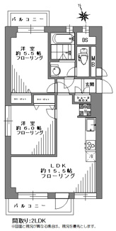 【間取り】 | ブロケイド岸町 | ブロケイド岸町　間取り　2LDK/62.65㎡　広々LDK15.5帖　角部屋の３面採光で二面バルコニー